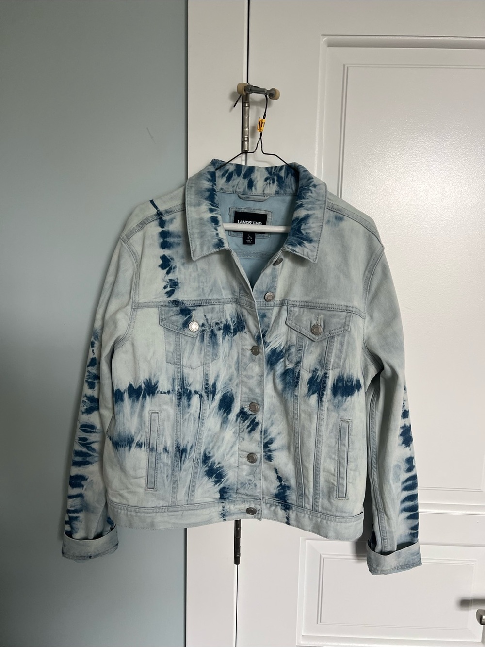 Lands' End Women's Light Blue and Navy Tie-Dye Denim Jacket